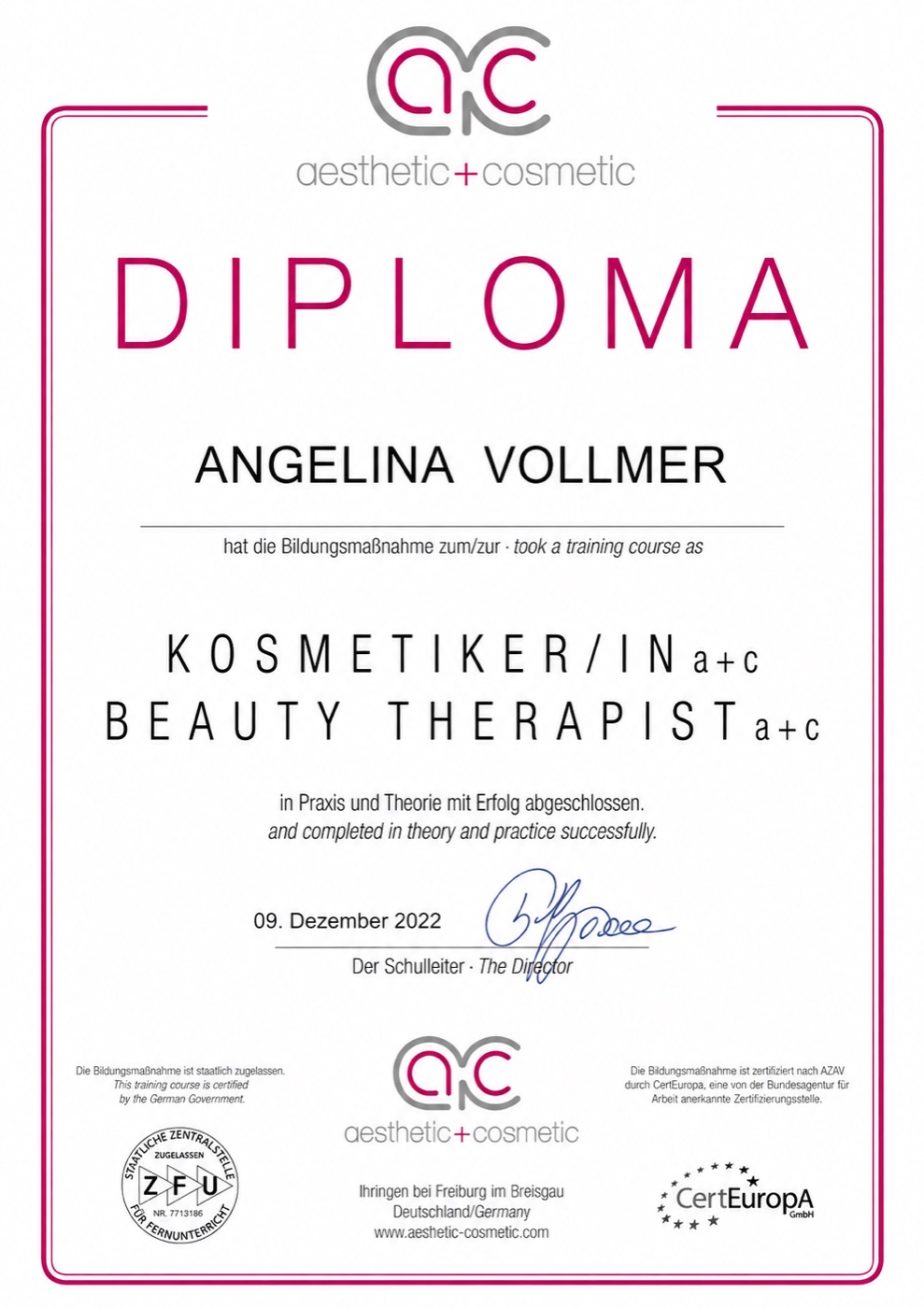 Diplom von Angelina Vollmer als Kosmetikerin