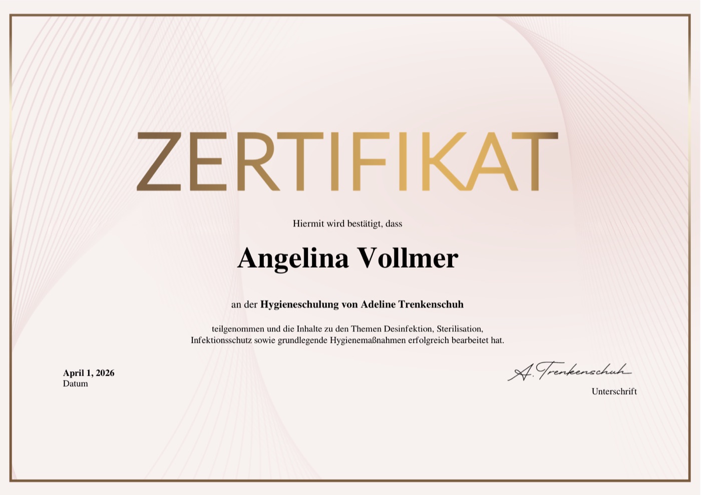 Zertifikat Hygieneschulung von Angelina Vollmer