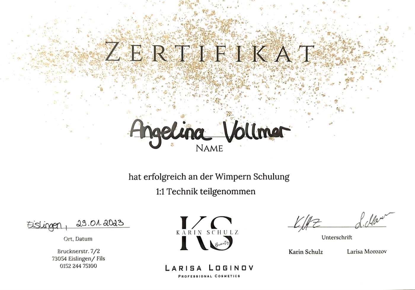 Zertifikat Wimpernschulung 1 zu 1 Technik