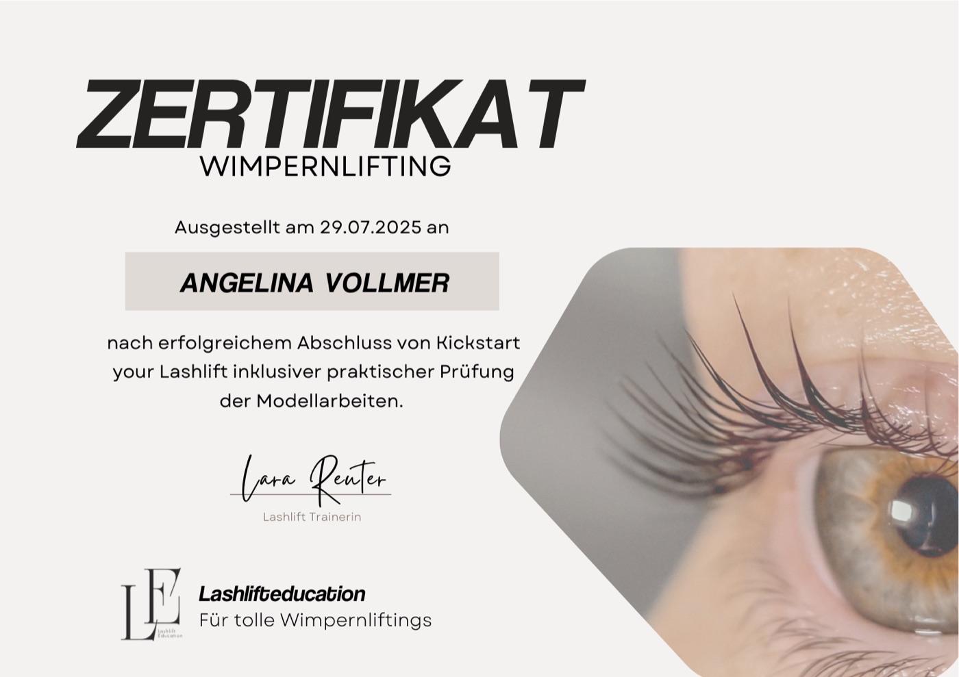 Zertifikat Wimpernlifting von Angelina Vollmer